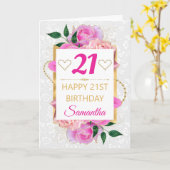 ピンクと金ゴールドグラムバラ誕生日 カード (黄色い花)