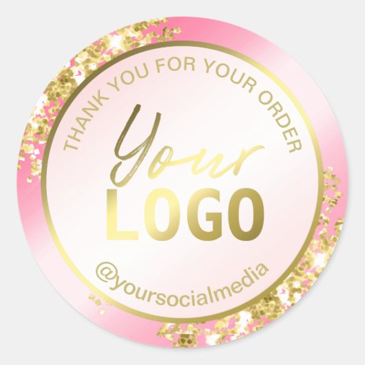 ピンクと金ゴールドグリッターありがとうパッケージ ラウンドシール (正面)