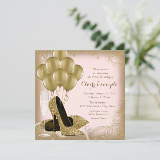 ピンクと金ゴールドグリッターウーマンズバースデーパーティー 招待状 (スタンド正面)