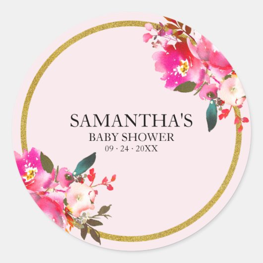 ピンクと金ゴールドグリッターエレガントフローラ水色 ラウンドシール (正面)