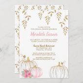 ピンクと金ゴールドグリッターカボチャ秋ブライダルシャワー 招待状 (正面/裏面)