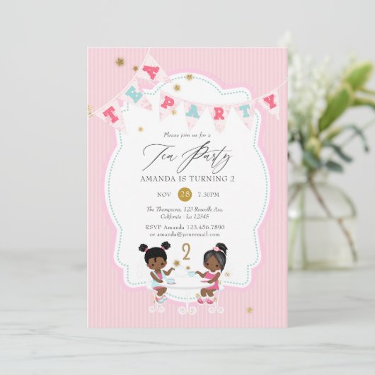 ピンクと金ゴールドグリッターガール第2バースデーティーパーティー 招待状 (スタンド正面)