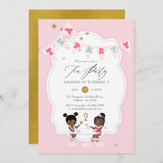 ピンクと金ゴールドグリッターガール第2バースデーティーパーティー 招待状 (正面/裏面)