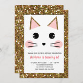ピンクと金ゴールドグリッターキティキャット誕生日 招待状 (正面/裏面)