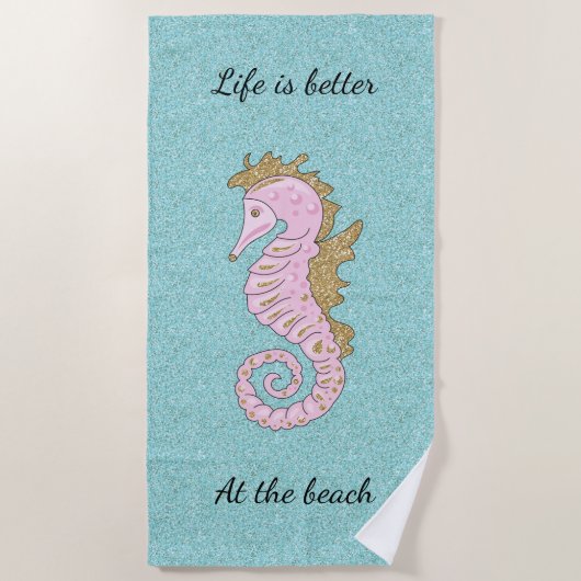 ピンクと金ゴールドグリッターシーホースビーチタオル ビーチタオル (正面)