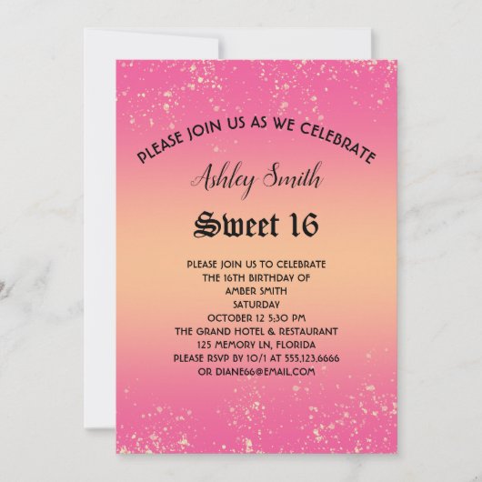 ピンクと金ゴールドグリッタースウィート16招待状 招待状 (正面)
