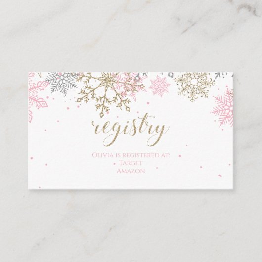 ピンクと金ゴールドグリッタースノーフレークベビーレジストリ エンクロージャーカード (正面)