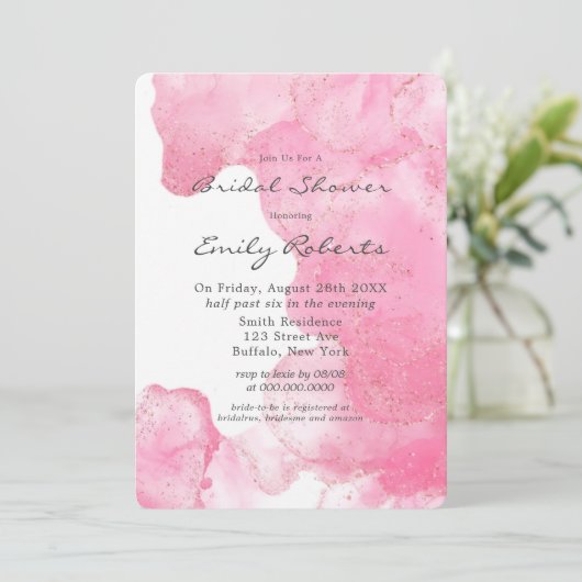 ピンクと金ゴールドグリッタースモークブライダルシャワー 招待状 (スタンド正面)