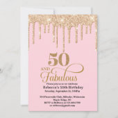 ピンクと金ゴールドグリッタードリップス50誕生日インビタット 招待状 (正面)
