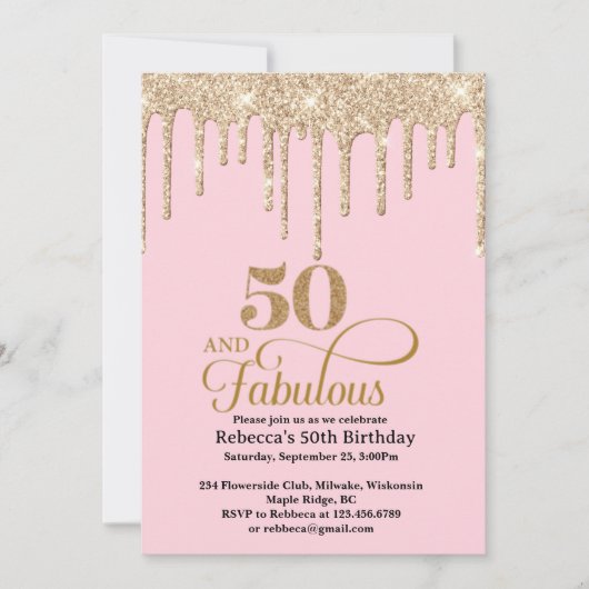 ピンクと金ゴールドグリッタードリップス50誕生日インビタット 招待状 (正面)