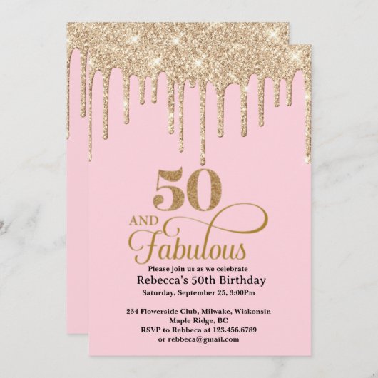ピンクと金ゴールドグリッタードリップス50誕生日インビタット 招待状 (正面/裏面)