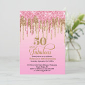 ピンクと金ゴールドグリッタードリップス50誕生日 招待状 (スタンド正面)
