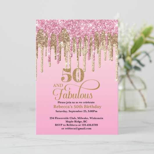 ピンクと金ゴールドグリッタードリップス50誕生日 招待状 (スタンド正面)