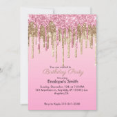ピンクと金ゴールドグリッタードリップ誕生日招待状 招待状 (正面)