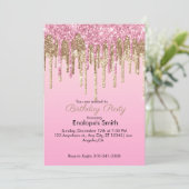 ピンクと金ゴールドグリッタードリップ誕生日招待状 招待状 (スタンド正面)