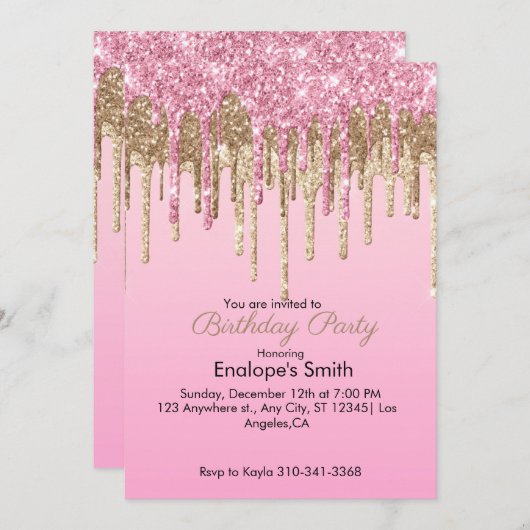 ピンクと金ゴールドグリッタードリップ誕生日招待状 招待状 (正面/裏面)