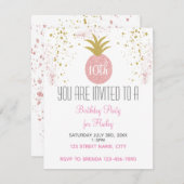 ピンクと金ゴールドグリッターパイナップルパーティー 招待状 (正面/裏面)