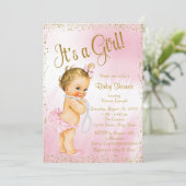 ピンクと金ゴールドグリッターパールベビーシャワー 招待状 (スタンド正面)