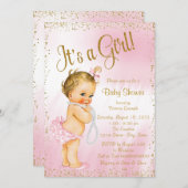 ピンクと金ゴールドグリッターパールベビーシャワー 招待状 (正面/裏面)