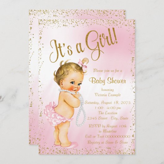 ピンクと金ゴールドグリッターパールベビーシャワー 招待状 (正面/裏面)