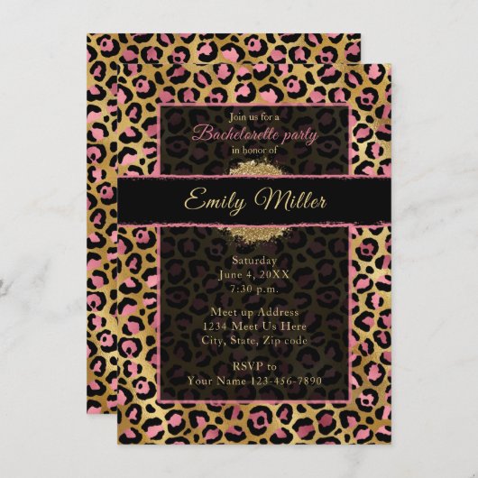 ピンクと金ゴールドグリッターヒョウの印刷パーティー 招待状 (正面/裏面)