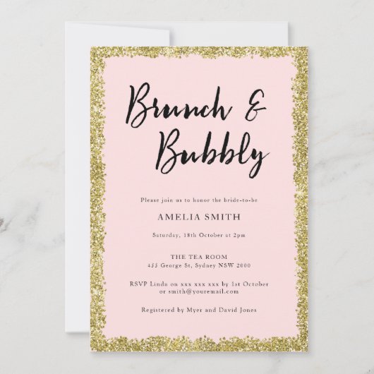 ピンクと金ゴールドグリッターブライダルシャワーパーティー 招待状 (正面)