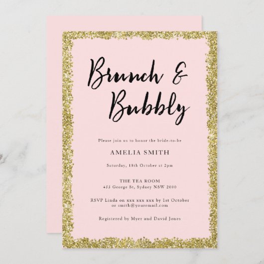 ピンクと金ゴールドグリッターブライダルシャワーパーティー 招待状 (正面/裏面)