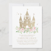 ピンクと金ゴールドグリッタープリンセスキャッスル誕生日 招待状 (正面)