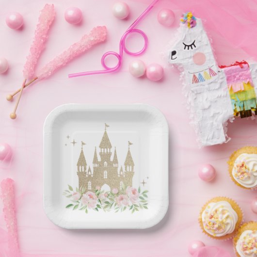 ピンクと金ゴールドグリッタープリンセス誕生日 ペーパープレート (パーティー)