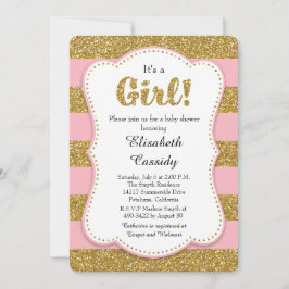 ピンクと金ゴールドグリッターベビーガールシャワー招待状 招待状