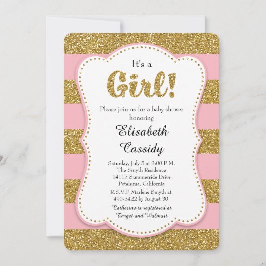 ピンクと金ゴールドグリッターベビーガールシャワー招待状 招待状 (正面)