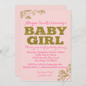 ピンクと金ゴールドグリッターベビーガールシャワー招待状 招待状 (正面/裏面)