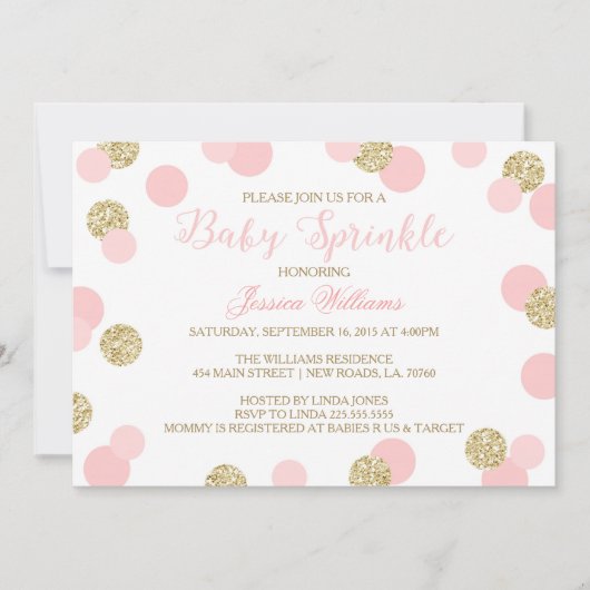 ピンクと金ゴールドグリッターベビー散布招待状 招待状 (正面)