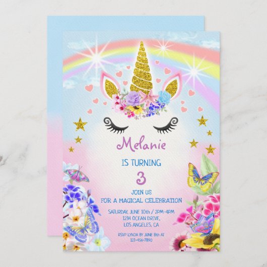 ピンクと金ゴールドグリッターユニコーンレインボー誕生日 招待状 (正面/裏面)
