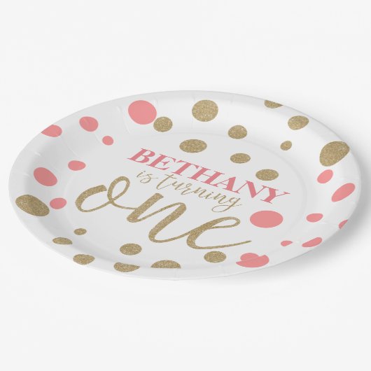 ピンクと金ゴールドグリッター最初の誕生日紙プレート ペーパープレート (アングル)