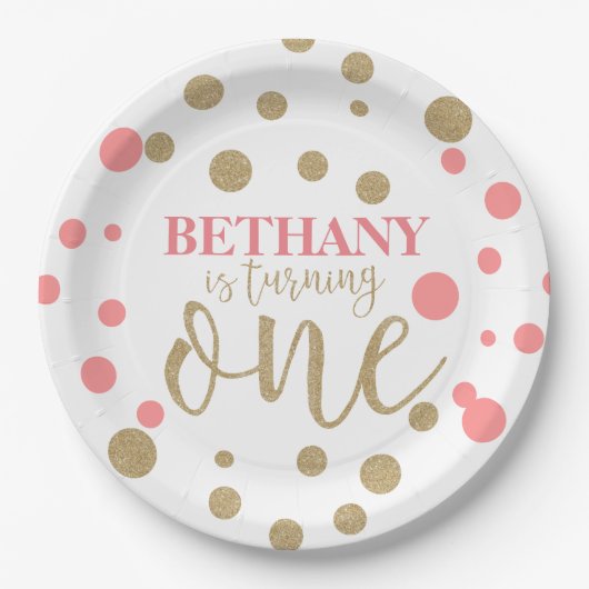 ピンクと金ゴールドグリッター最初の誕生日紙プレート ペーパープレート (正面)