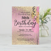 ピンクと金ゴールドグリッター誕生日招待状 招待状 (スタンド正面)