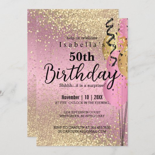 ピンクと金ゴールドグリッター誕生日招待状 招待状 (正面/裏面)