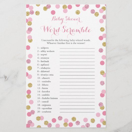 ピンクと金ゴールドグリッター赤ちゃんシャワー単語スクランブル チラシ (正面)
