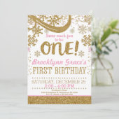 ピンクと金ゴールドグリッター1歳の誕生日ウィンターワン 招待状 (スタンド正面)