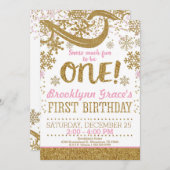 ピンクと金ゴールドグリッター1歳の誕生日ウィンターワン 招待状 (正面/裏面)