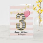 ピンクと金ゴールドグリッター3rd誕生日ガール カード (黄色い花)