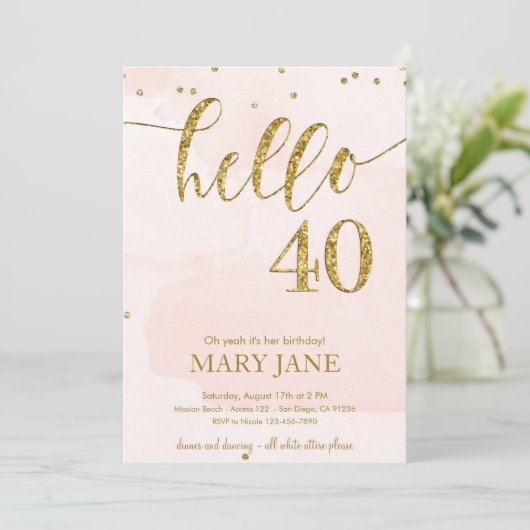 ピンクと金ゴールドグリッター40歳の誕生日招待状 招待状 (スタンド正面)