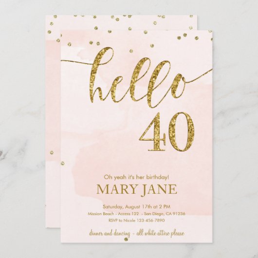 ピンクと金ゴールドグリッター40歳の誕生日招待状 招待状 (正面/裏面)