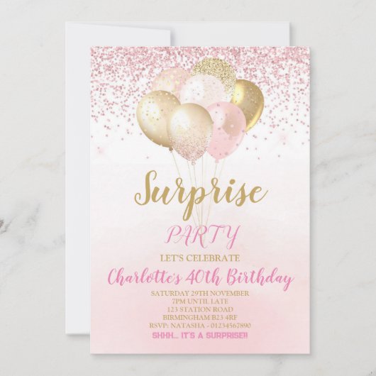 ピンクと金ゴールドサプライズ誕生日招待状 招待状 (正面)