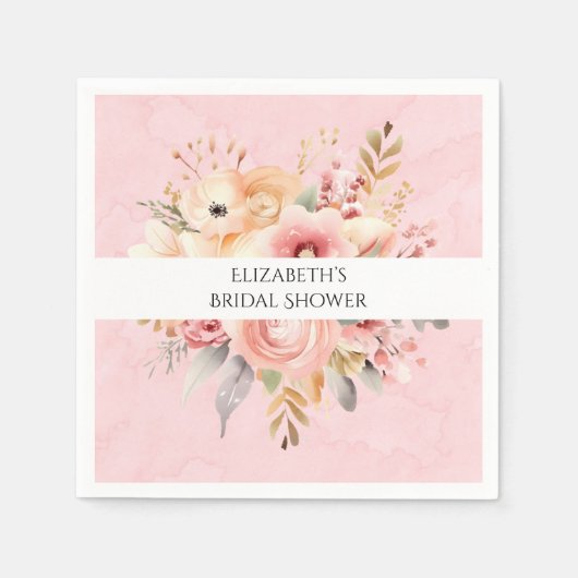 ピンクと金ゴールドシック花模様ブライダルシャワー スタンダードカクテルナプキン (正面)