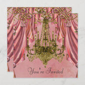 ピンクと金ゴールドシャンデリアパーティの招待状 招待状 (正面/裏面)