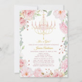 ピンクと金ゴールドシャンデリアフローラバラベビーシャワー 招待状 (正面)