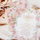 ピンクと金ゴールドシャンデリアフローラバラベビーシャワー 招待状