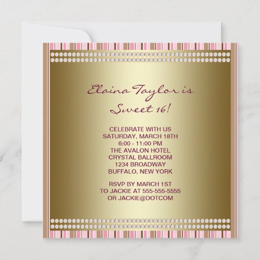 ピンクと金ゴールドスウィート16パーティー 招待状 (裏面)